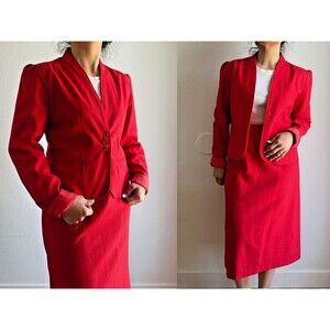 vtg 80s oscar de la renta red skirt blazer suit size 11/12‎ retro modest classic